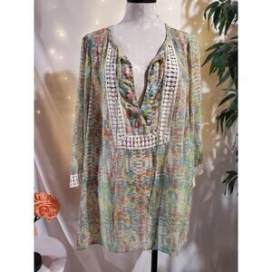 Daniel Rainn Sheer Crochet Tie Neck 3/4 Sleeve Peasant Tunic Blouse Plus Size 2X